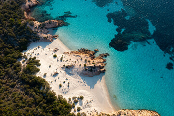 Poster - View from above, stunning aerial view of Spargi Island with Cala Soraya, a white sand beach bathed by a turquoise water. La Maddalena archipelago National Park, Sardinia, Italy.