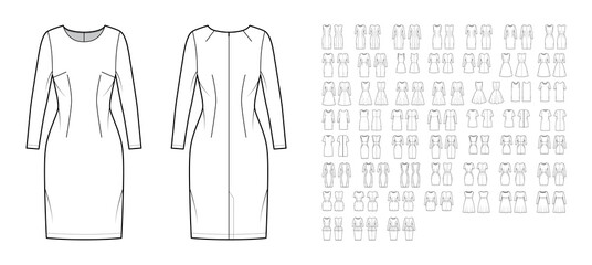 Set of sheath Dresses casual technical fashion illustration with long short elbow sleeves, A-line, circular fullness skirt. Flat apparel front, back, white color style. Women men unisex CAD mockup