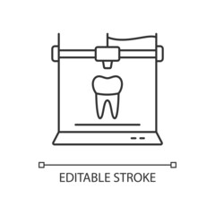 Sticker - 3d printing for dentistry linear icon. Dental implants production. Innovation in medical field. Thin line customizable illustration. Contour symbol. Vector isolated outline drawing. Editable stroke