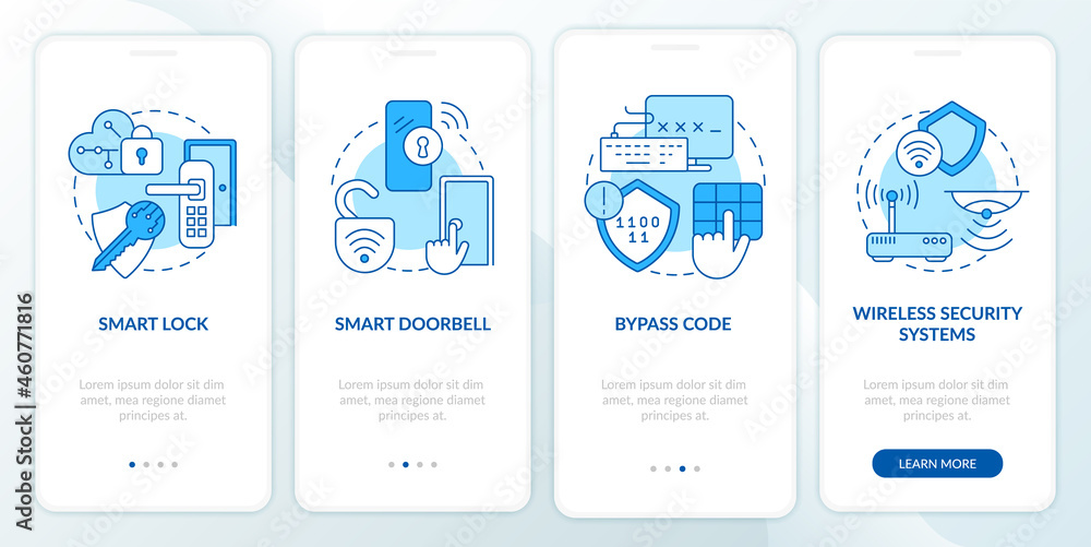 Home automation blue onboarding mobile app page screen. Home security ...