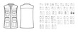 Set of vests waistcoat technical fashion illustration with sleeveless, pockets, fitted oversized body. Flat casual top apparel template front, back, white color style. Women, men, unisex CAD mockup