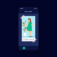 Photo editor night mode smartphone interface vector template. Social media content edit. Mobile app page design layout. Online filters screen. Flat UI for application. Phone display