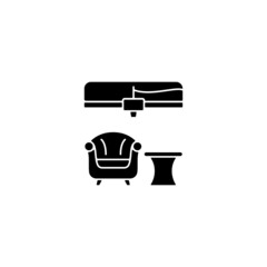 Sticker - 3d printed furniture design black glyph icon. Innovative manufacturing method. Armchair prototype. Bringing innovation into market. Silhouette symbol on white space. Vector isolated illustration