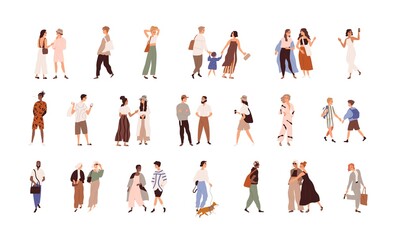 Wall Mural - People walking on city street set. Happy couples, friends, families, kids meeting, talking and strolling outdoors. Modern casual citizens life. Flat vector illustration isolated on white background