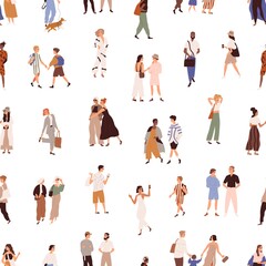 Poster - Seamless pattern with people outdoors on white background. Texture design with crowd of characters on city street, walking on different businesses. Colored flat vector illustration for printing