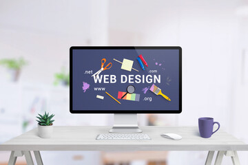 Wall Mural - Web design studio with computer display and concept creative web design illustration