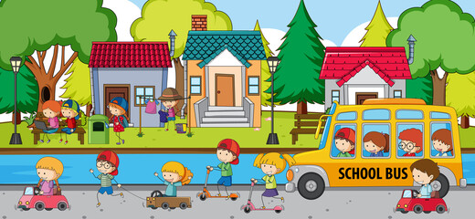 Poster - Outdoor scene with many kids playing scooter on street