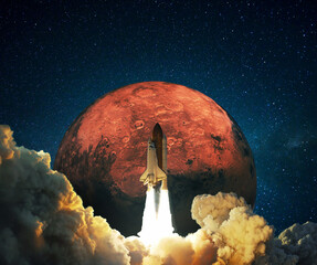 Wall Mural - new space rocket successfully launched into space with clouds of smoke to the red planet mars. space