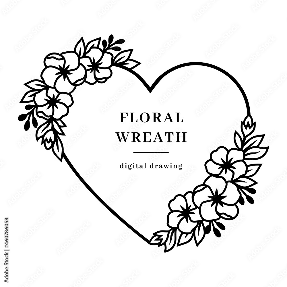 Heart floral wreath, Valentine flower heart, Flower frame line drawing  vector illustration Stock Vector | Adobe Stock, image size:1000x1000