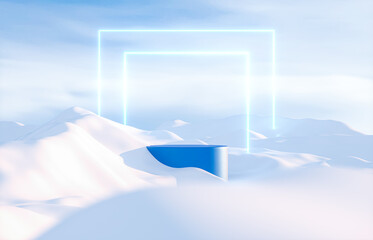 Wall Mural - Abstract winter landscape scene with product stand and neon light. 3d rendering.