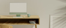 Closeup, Minimalist Workspace Mockup Interior With Pastel Green Computer On Wooden Table