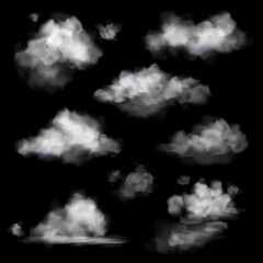Wall Mural - realistic cloud. fog white clouds collection, fluffy sky fog isolated on black sky background, smoke