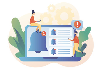 Wall Mural - notifications. tiny people get chat messages notification on laptop. ring bell as reminder pop up. m