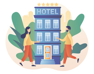 Wall Mural - Tiny people search and choose hotel or apartment online. Booking hotel. Reservation application interface. Tourist and business trip. Modern flat cartoon style. Vector illustration on white background