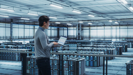 Leinwandbilder - Data Center Engineer Using Laptop Computer. Server Farm Cloud Computing Specialist Facility with Adult Male System Administrator Working with Data Protection Network for Cyber Security.