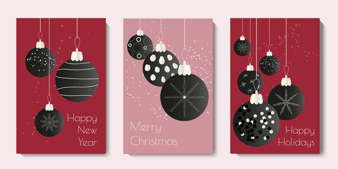 New Year and Christmas baubles greeting card collection. Minimali modern xmas design. Vector illustration