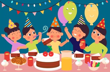 Canvas Print - Kids birthday party. Happy cute children, toddlers eating sweets desserts. Cartoon characters sitting at table, festive lunch or dinner decent vector concept