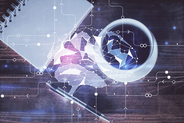 Fototapete - Double exposure of brain sketch and table top veiw. Concept of data analysis.