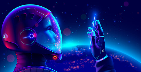 cosmonaut in space suit in outer space with phone in hand looks at screen and makes selfie. astronau