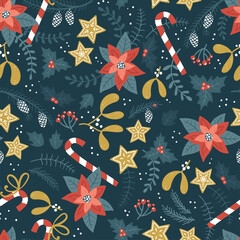 Poster - Lovely hand drawn Christmas seamless pattern, cute greenery, flowers and snowflakes, great for textiles, wrapping, banners, wallpapers - vector design