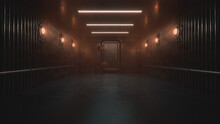 Mysterious Corridor Inside A Prison Or Ship Background. Empty Stage, Metall Walls 3D Illustration