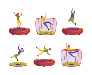 Wall Mural - People jumping. Characters attraction on inflatable trampolines teen cheerful tumblers garish vector illustrations isolated