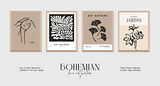 Fototapeta Boho - Bohemian style art print poster collection. Woman silhouettes, groovy flowers, botanical vector illustrations