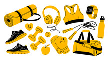 Various Sport Equipment. Fitness Inventory, Gym Accessories. Dumbbells, Fitness Tracker, Headphones, Bottle, Jump Rope, Shoes, Mat, Boxing Gloves. Healthy Lifestyle Concept. Hand Drawn Vector Set