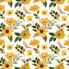 Seamless Pattern Of Yellow Green Floral With Watercolor