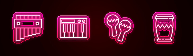 Set line Pan flute, Music synthesizer, Maracas and Drum. Glowing neon icon. Vector