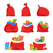 © Vikivector - New Year gifts boxes in Santa Claus open and tied red bag set vector festive sack full of presents
