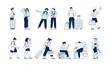 Touristic characters set. Travel man, travelling people with luggage. Young hipster, tour group. Vacation man woman with suitcase recent vector collection
