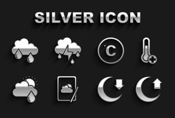 Sticker - Set Weather forecast, Meteorology thermometer, Moon, Cloud with rain and sun, Celsius, and lightning icon. Vector