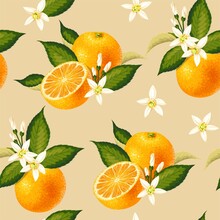 Vector Seamless Pattern With Orange Fruit And Leaf
