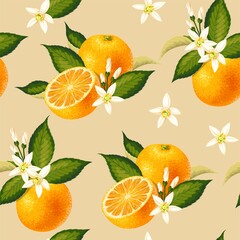 Canvas Print - Vector seamless pattern with orange fruit and leaf