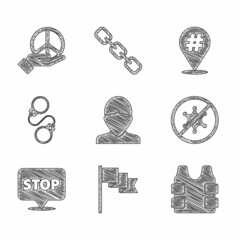 Sticker - Set Vandal, Location marker, Bulletproof vest, Protest, Handcuffs, and Peace icon. Vector