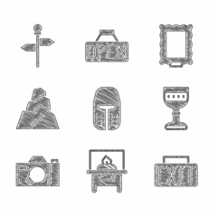 Canvas Print - Set Medieval iron helmet, Glass showcase for exhibit, Exit sign, goblet, Photo camera, Rock stones, Picture and Road traffic signpost icon. Vector