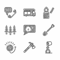 Wall Mural - Set Telephone call 911, Firefighter axe, Bucket extinguishing fire, shovel, Ringing alarm bell, Forest, Lighter and icon. Vector