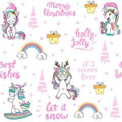 Christmas calligraphy lettering with christmas decoration. Merry Christmas, Best Wishes, with christmas unicorn seamless pattern on a white background