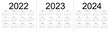 © craftswoman - Calendar grid for 2022, 2023 and 2024 years. Simple horizontal template in Russian language. Week starts from Monday. Isolated vector illustration on white background.