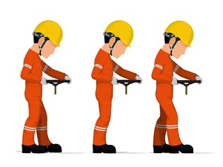 Wall Mural - set of worker is holding hand wheel on white background