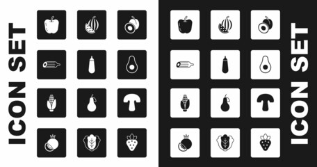 Sticker - Set Plum fruit, Eggplant, Fresh cucumber, Apple, Avocado, Watermelon, Mushroom and Corn icon. Vector