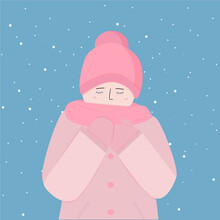 A Little Girl With Her Eyes Closed And Smiling In A Pink Winter Hat, Jacket And Scarf, Gloves. It's Cold In A Blizzard