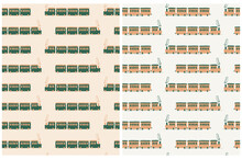 Abstract Seamless Vector Patterns With Light Orange And Green Hand Drawn Trains Isolated On A Light Beige Background. Irregular Nursery Print Ideal For Fabric, Textile, Wrapping Paper.