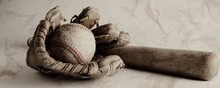 Rustic Baseball Equipment Close Up In Wide Angle With Old Texture Over Ball And Glove With Wooden Bat For Sport.