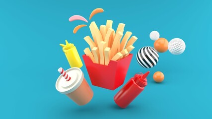 French fries surrounded by chili sauce, ketchup and sparkling water on a blue background.illustration design for fast food delivery.-3d rendering.