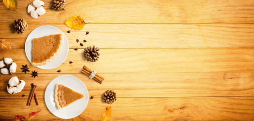 Wall Mural - autumn theme with pumpkin pies - overhead view