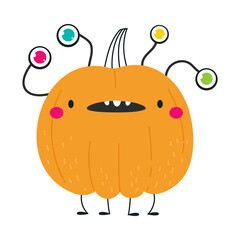 Poster - Cute Orange Pumpkin Character with Many Eyes Having Fun at Halloween Holiday Vector Illustration