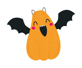 Poster - Cute Orange Pumpkin Character with Bat Wings Having Fun at Halloween Holiday Vector Illustration