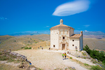 Santa Maria della Pieta church, near to castle of Rocca Calascio, Aquila, Abruzzo, Italy. Part of Gran Sasso National Park the castle is one of 15 most beautiful in the world